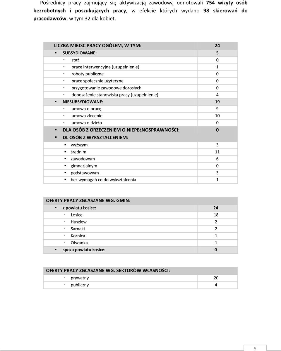 stanowiska pracy (uzupełnienie) 4 NIESUBSYDIOWANE: 19 umowa o pracę 9 umowa zlecenie 10 umowa o dzieło 0 DLA OSÓB Z ORZECZENIEM O NIEPEŁNOSPRAWNOŚCI: 0 DL OSÓB Z WYKSZTAŁCENIEM: wyższym 3 średnim 11