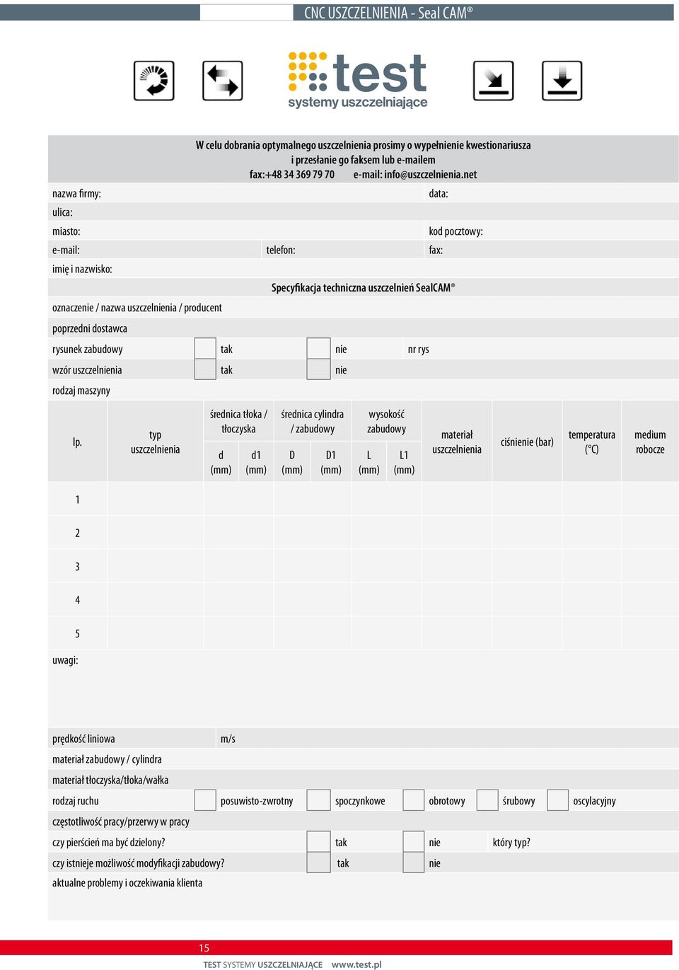 nie nr rys wzór uszczelnienia tak nie rodzaj maszyny lp.