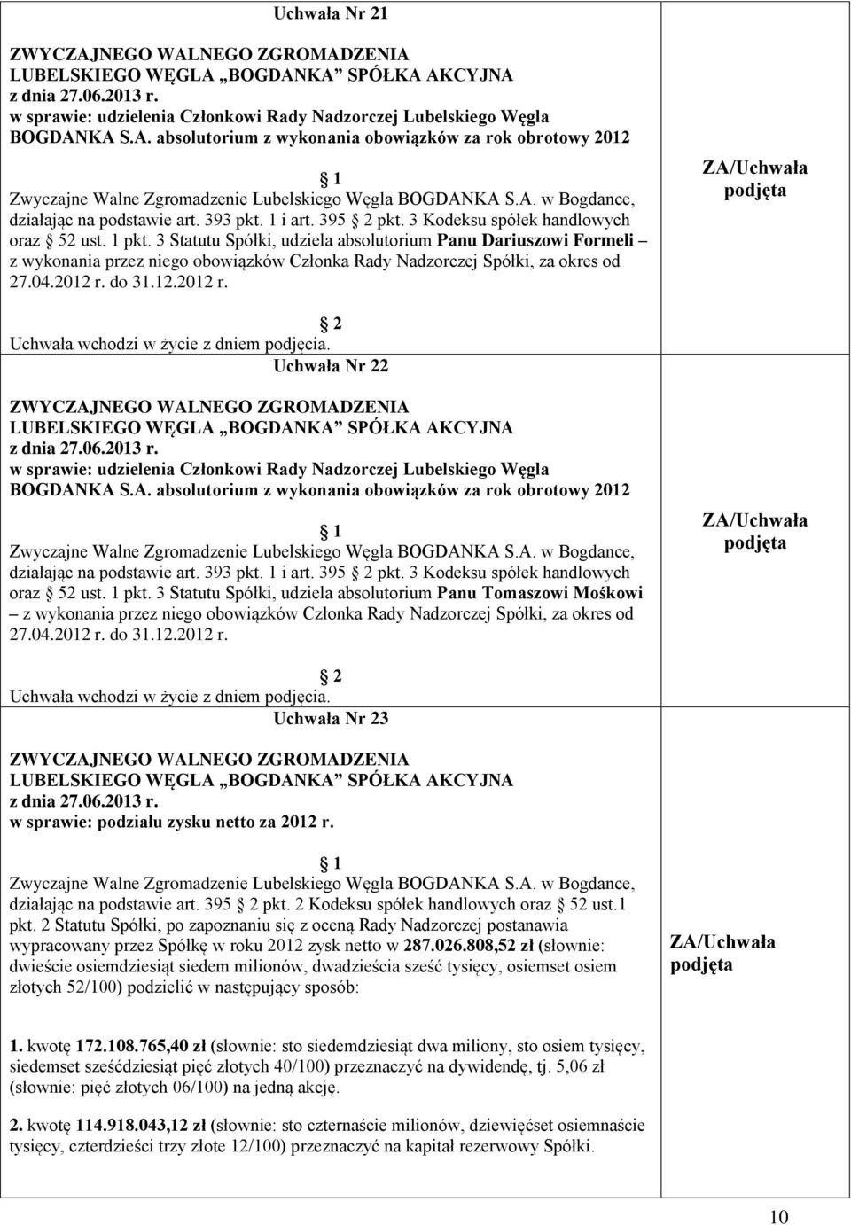 do 31.12. r. Uchwała Nr 22 Bogdance, działając na podstawie art. 393 pkt. 1 i art. 395 pkt. 3 Kodeksu spółek handlowych oraz 52 ust. 1 pkt.