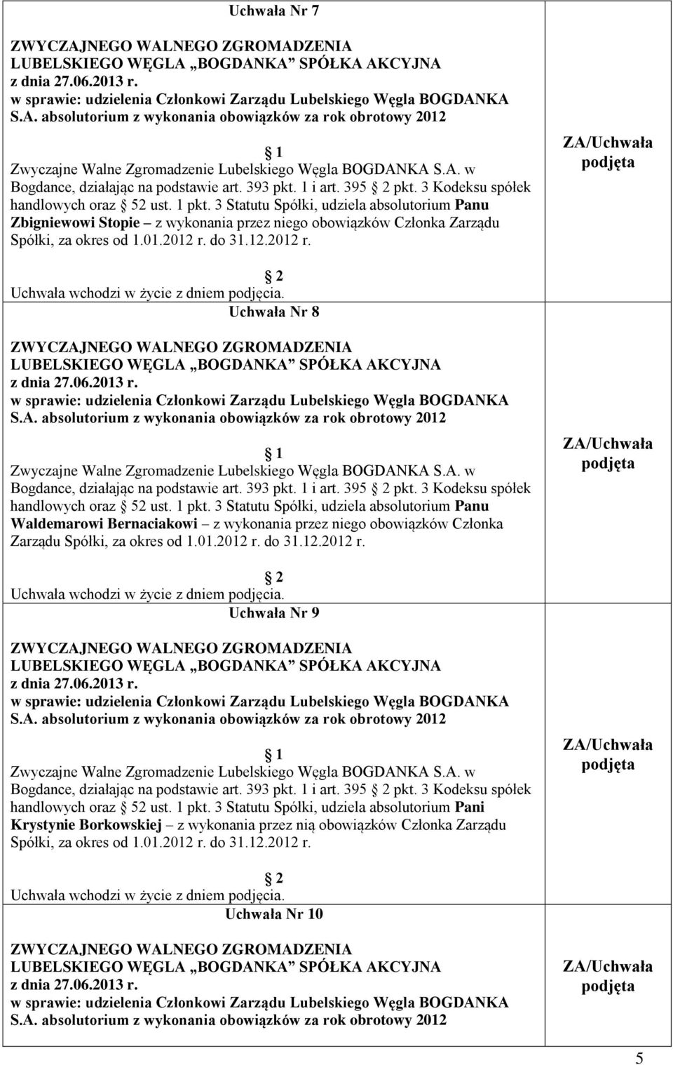 do 31.12. r. Uchwała Nr 8 w sprawie: udzielenia Członkowi Zarządu Lubelskiego Węgla BOGDANKA S.A. absolutorium z wykonania obowiązków za rok obrotowy Bogdance, działając na podstawie art. 393 pkt.