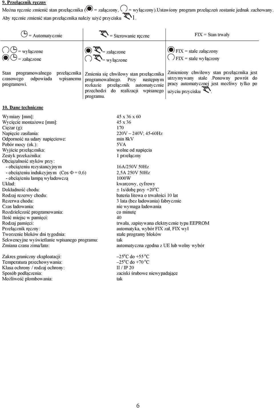 = Automatycznie = Sterowanie ręczne FIX = Stan trwały = wyłączone = załączone = załączone = wyłączone FIX = stale załączony FIX = stale wyłączony Stan programowalnego przełącznika czasowego odpowiada