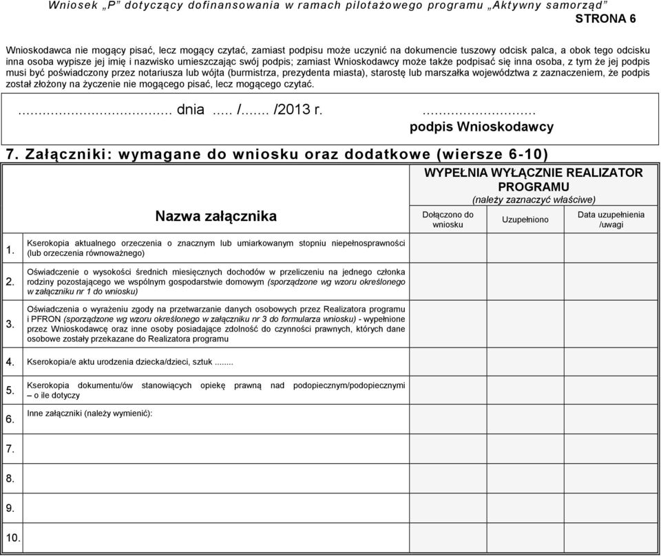województwa z zaznaczeniem, że podpis został złożony na życzenie nie mogącego pisać, lecz mogącego czytać.... dnia... /... /2013 r.. podpis Wnioskodawcy 7.