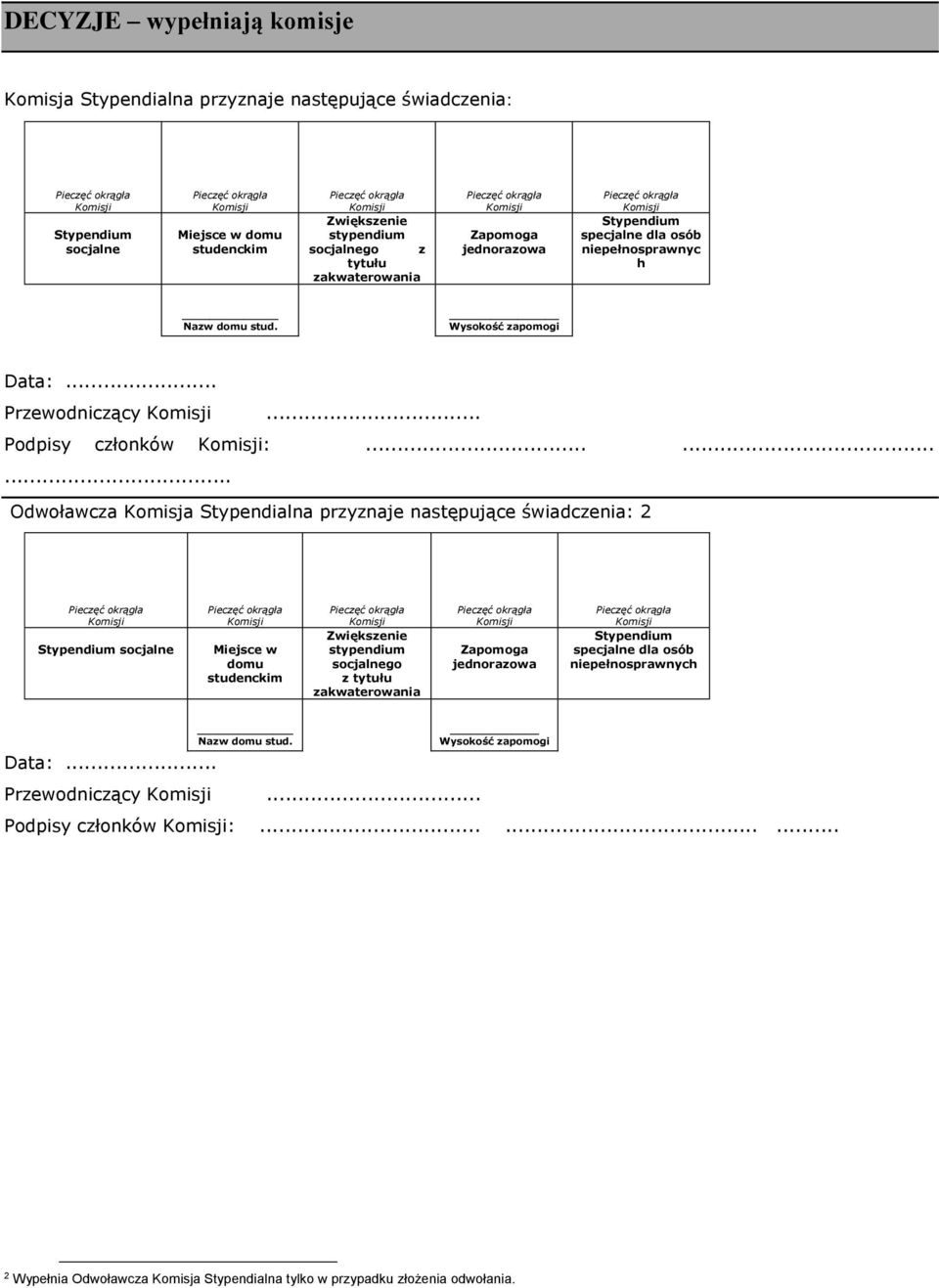 ........ Odwoławcza Komisja Stypendialna przyznaje następujące świadczenia: 2 Stypendium socjalne Miejsce w domu studenckim Zwiększenie stypendium socjalnego z tytułu zakwaterowania