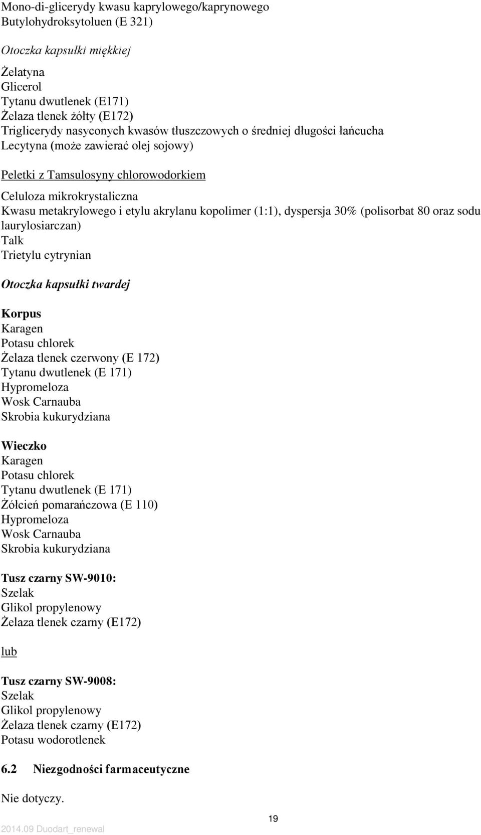 (1:1), dyspersja 30% (polisorbat 80 oraz sodu laurylosiarczan) Talk Trietylu cytrynian Otoczka kapsułki twardej Korpus Karagen Potasu chlorek Żelaza tlenek czerwony (E 172) Tytanu dwutlenek (E 171)