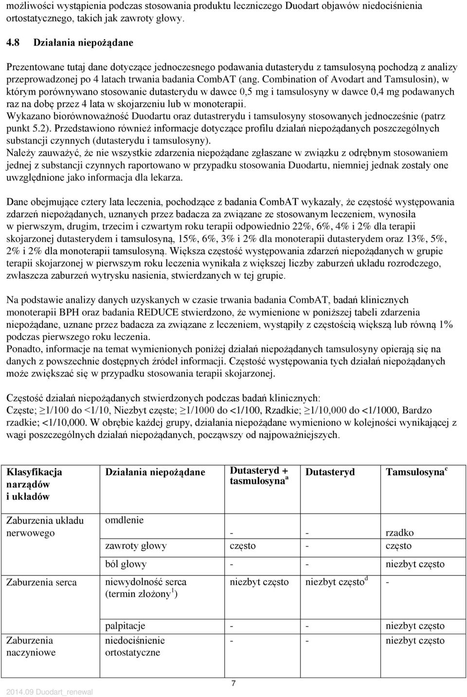 Combination of Avodart and Tamsulosin), w którym porównywano stosowanie dutasterydu w dawce 0,5 mg i tamsulosyny w dawce 0,4 mg podawanych raz na dobę przez 4 lata w skojarzeniu lub w monoterapii.