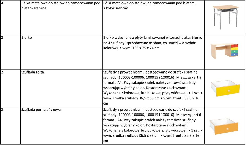 130 x 75 x 74 cm 2 Szuflada żółta Szuflady z prowadnicami, dostosowane do szafek i szaf na szuflady (100003-100006, 100015 i 100016). Mieszczą kartki formatu A4.