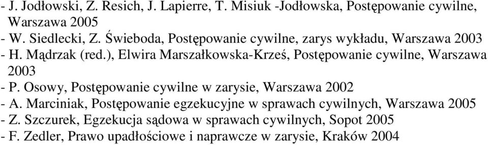 ), Elwira Marszałkowska-Krześ, Postępowanie cywilne, Warszawa 2003 - P. Osowy, Postępowanie cywilne w zarysie, Warszawa 2002 - A.