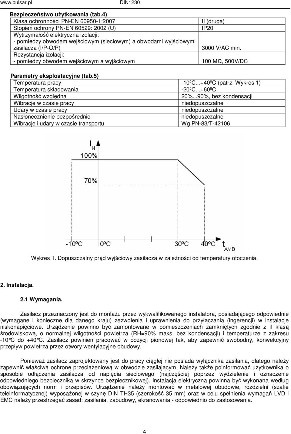 zasilacza (I/P-O/P) 3000 V/AC min. Rezystancja izolacji: - pomiędzy obwodem wejściowym a wyjściowym 100 MΩ, 500V/DC Parametry eksploatacyjne (tab.5) Temperatura pracy -10ºC.