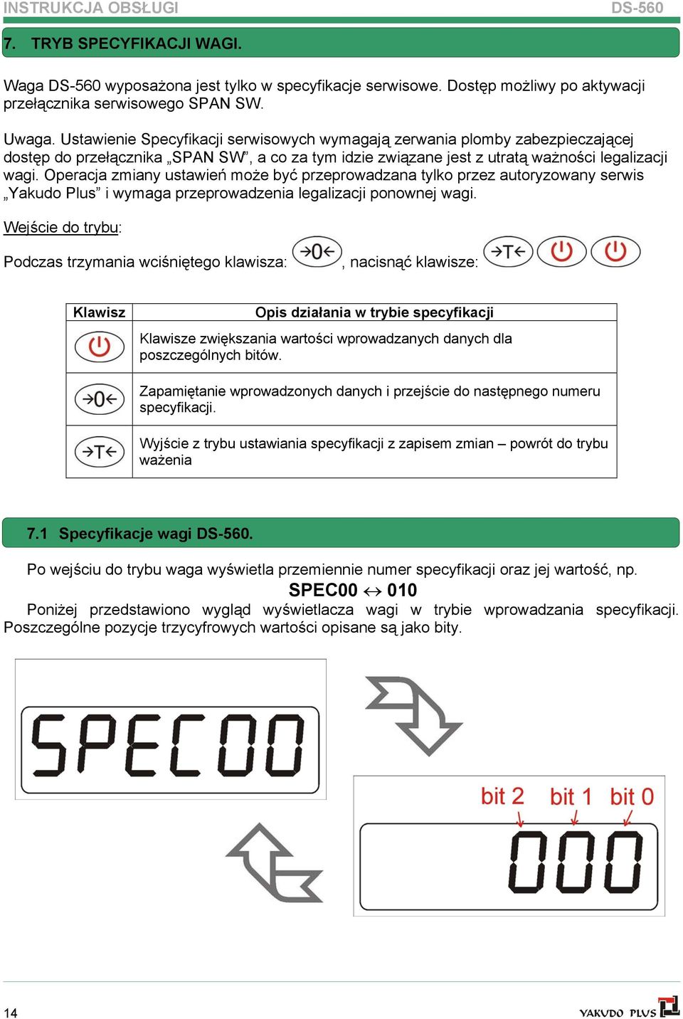 Operacja zmiany ustawień może być przeprowadzana tylko przez autoryzowany serwis Yakudo Plus i wymaga przeprowadzenia legalizacji ponownej wagi.