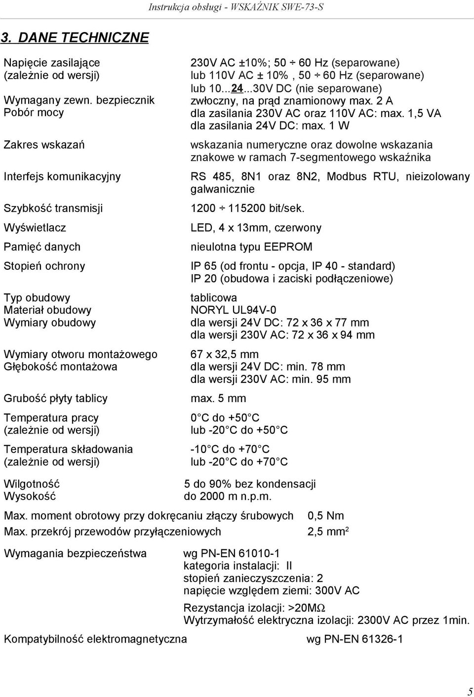Głębokość montażowa Grubość płyty tablicy Temperatura pracy (zależnie od wersji) Temperatura składowania (zależnie od wersji) Wilgotność Wysokość 230V AC ±10%; 50 60 Hz (separowane) lub 110V AC ±