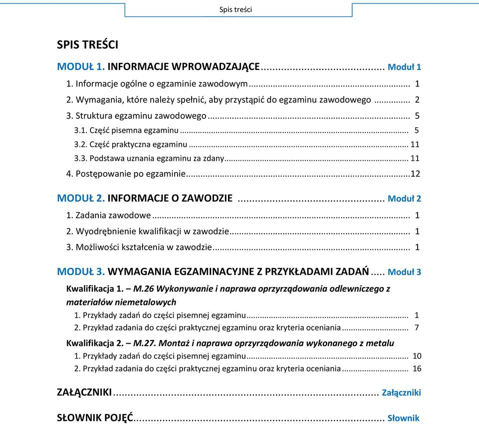 INFORMACJE O ZAWODZIE... Moduł 2 1. Zadania zawodowe... 1 2. Wyodrębnienie kwalifikacji w zawodzie... 1 3. Możliwości kształcenia w zawodzie... 1 MODUŁ 3. WYMAGANIA EGZAMINACYJNE Z PRZYKŁADAMI ZADAŃ.