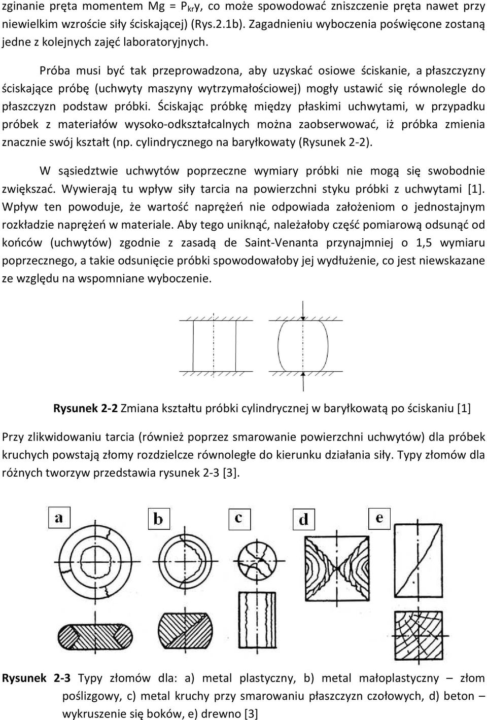 Próba musi być tak przeprowadzona, aby uzyskać osiowe ściskanie, a płaszczyzny ściskające próbę (uchwyty maszyny wytrzymałościowej) mogły ustawić się równolegle do płaszczyzn podstaw próbki.