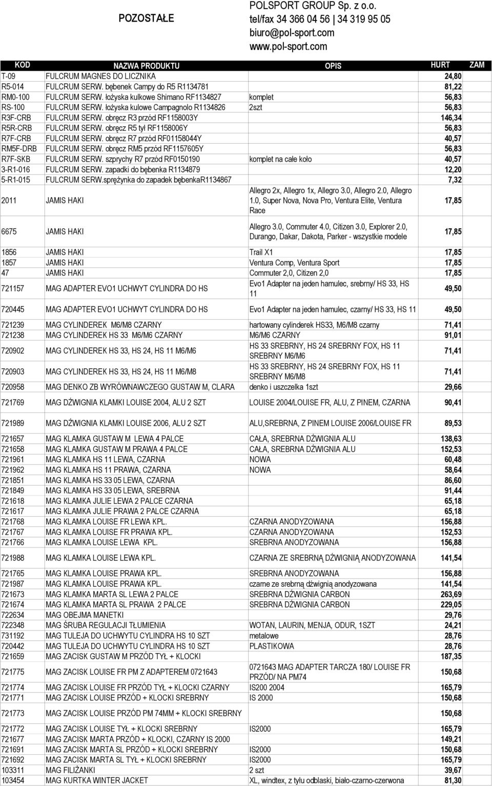 obręcz R3 przód RF1158003Y 146,34 R5R-CRB FULCRUM SERW. obręcz R5 tył RF1158006Y 56,83 R7F-CRB FULCRUM SERW. obręcz R7 przód RF01158044Y 40,57 RM5F-DRB FULCRUM SERW.