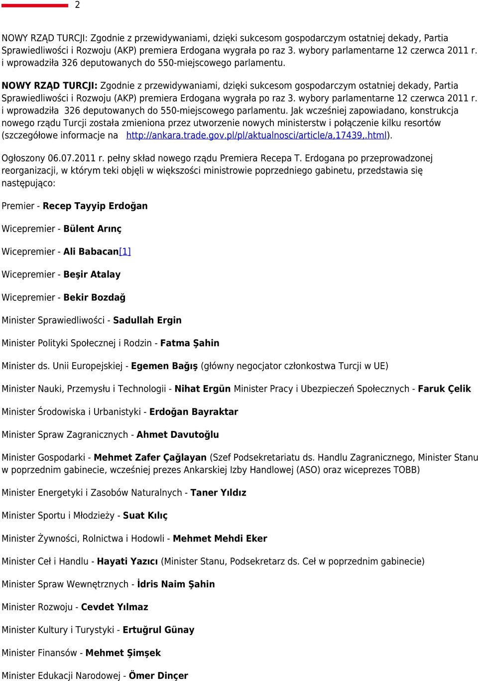 NOWY RZĄD TURCJI: Zgodnie z przewidywaniami, dzięki sukcesom gospodarczym ostatniej dekady, Partia Sprawiedliwości i Rozwoju (AKP) premiera Erdogana wygrała po raz 3.