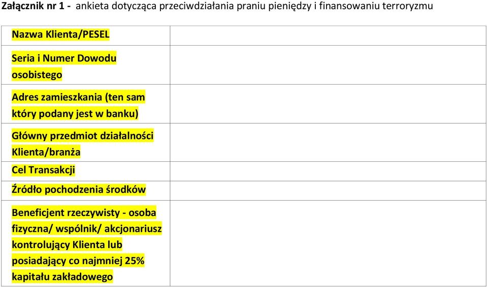 Główny przedmiot działalności Klienta/branża Cel Transakcji Źródło pochodzenia środków Beneficjent