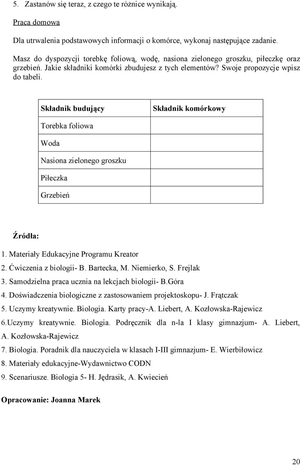 Składnik budujący Składnik komórkowy Torebka foliowa Woda Nasiona zielonego groszku Piłeczka Grzebień Źródła: 1. Materiały Edukacyjne Programu Kreator 2. Ćwiczenia z biologii- B. Bartecka, M.