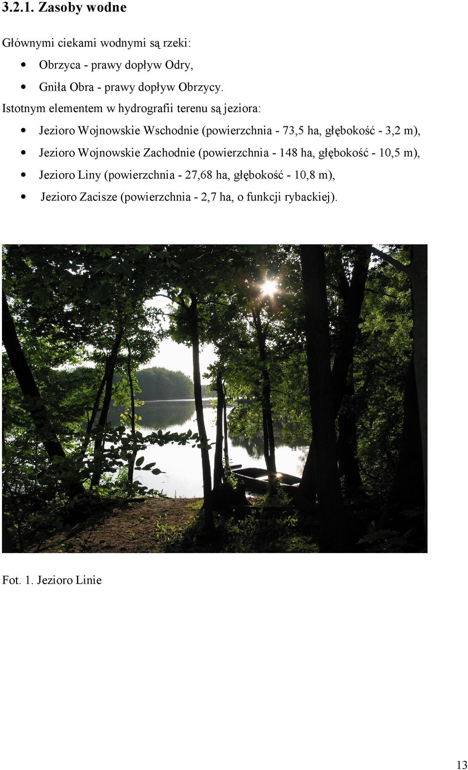 Istotnym elementem w hydrografii terenu są jeziora: Jezioro Wojnowskie Wschodnie (powierzchnia - 73,5 ha, głębokość