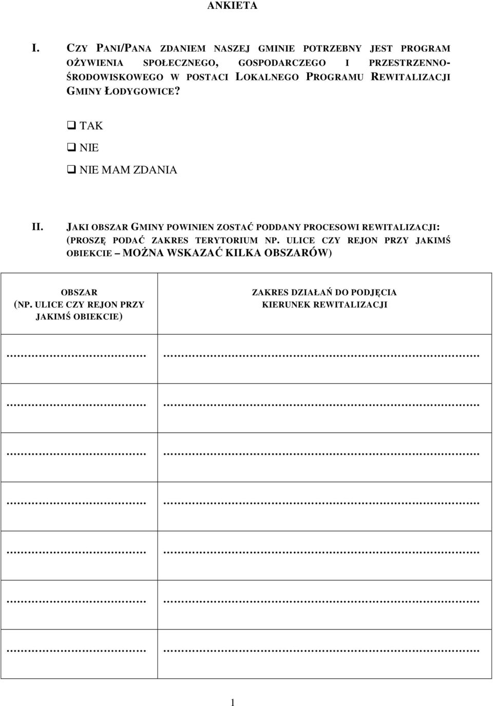 ŚRODOWISKOWEGO W POSTACI LOKALNEGO PROGRAMU REWITALIZACJI GMINY ŁODYGOWICE? TAK NIE NIE MAM ZDANIA II.