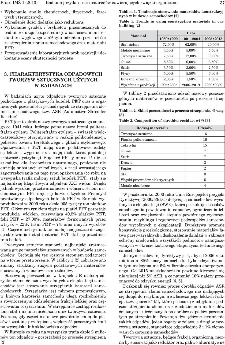 zastosowaniem reduktora węglowego z różnym udziałem pozostałości ze strzępienia złomu samochodowego oraz materiału PET; Przeprowadzenie laboratoryjnych prób redukcji i dokonanie oceny skuteczności