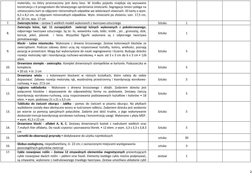 śmieciarki po złożeniu: szer. 17,5 cm, dł. 32 cm, wys. 17 cm 7. Zwierzęta leśne zestaw 5 wielkich modeli wykonanch z tworzywa sztucznego Zwierzęta leśne, kpl.