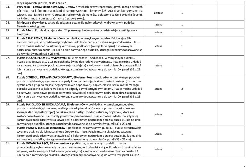 Oprócz 28 ruchomych elementów, dołączone także 4 okienka (puste), na których można umieszczać napisy (np. pory roku). 24. Minipuzzle drewniane.