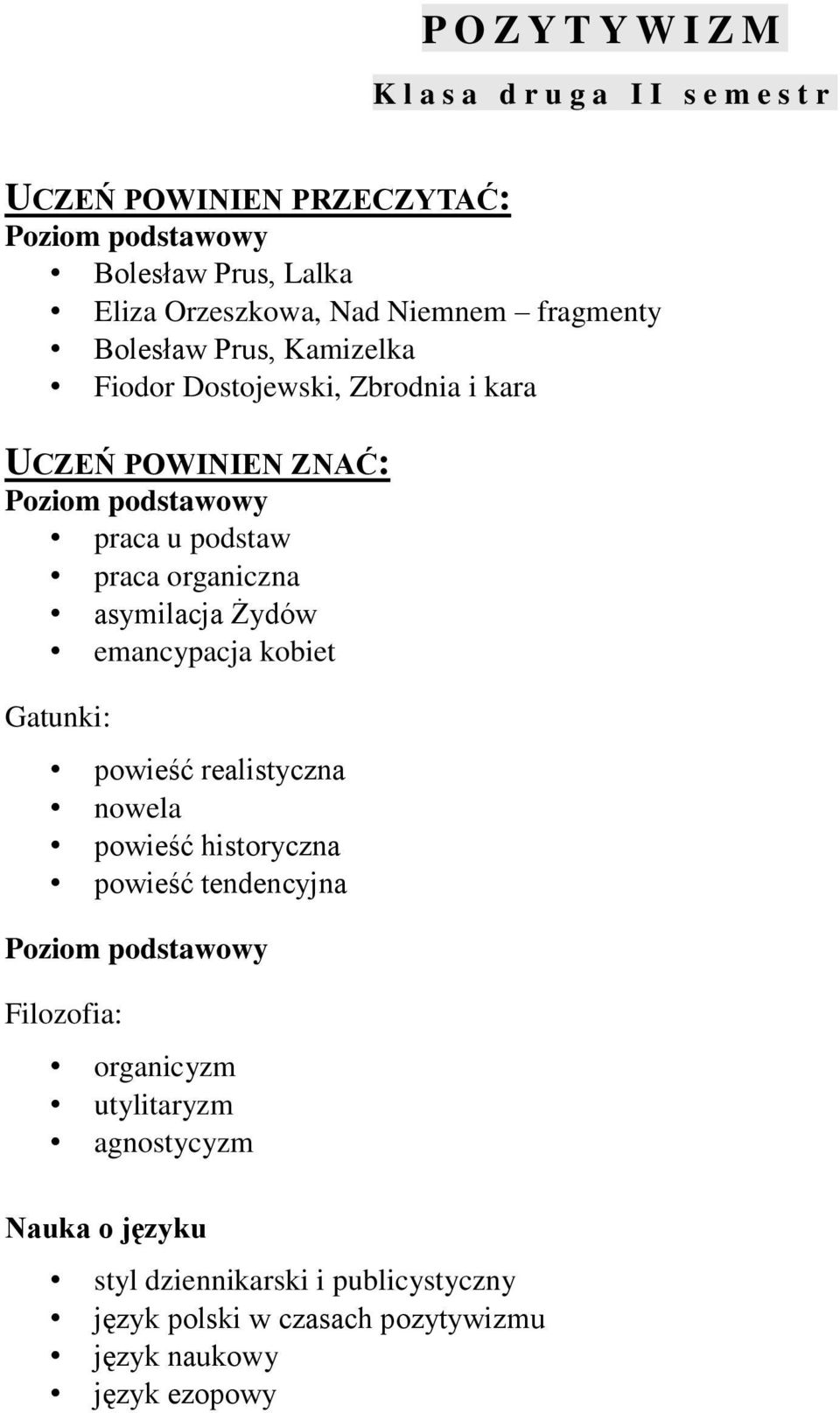 asymilacja Żydów emancypacja kobiet Gatunki: powieść realistyczna nowela powieść historyczna powieść tendencyjna Filozofia: