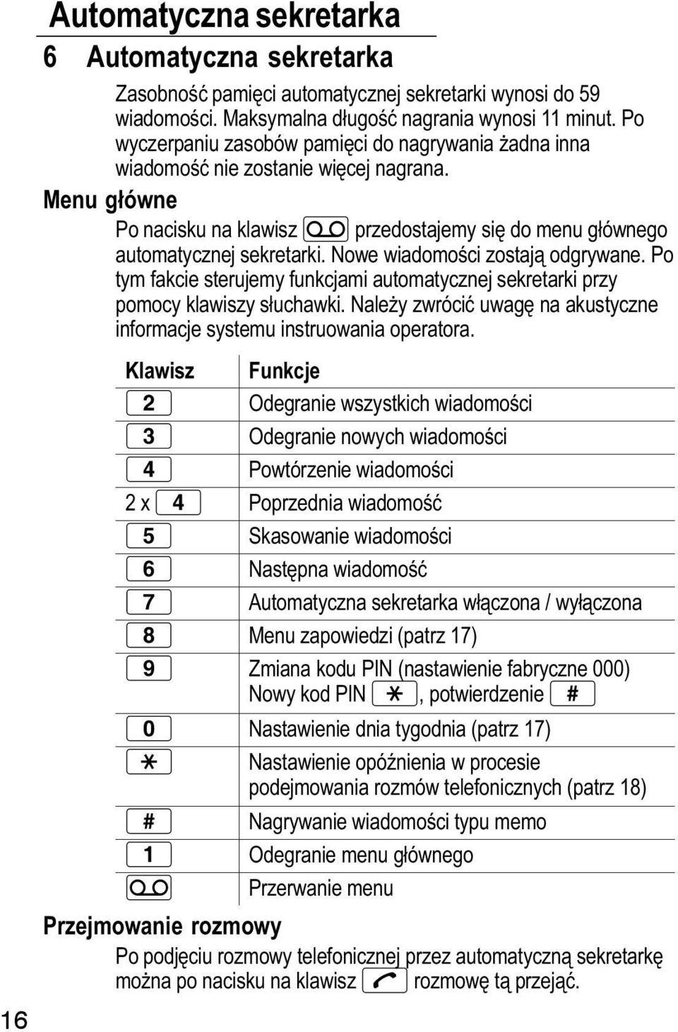 Nowe wiadomości zostają odgrywane. Po tym fakcie sterujemy funkcjami automatycznej sekretarki przy pomocy klawiszy słuchawki.