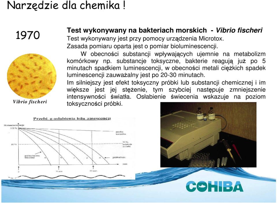 substancje toksyczne, bakterie reagują juŝ po 5 minutach spadkiem luminescencji, w obecności metali cięŝkich spadek luminescencji zauwaŝalny jest po 20-30 minutach.
