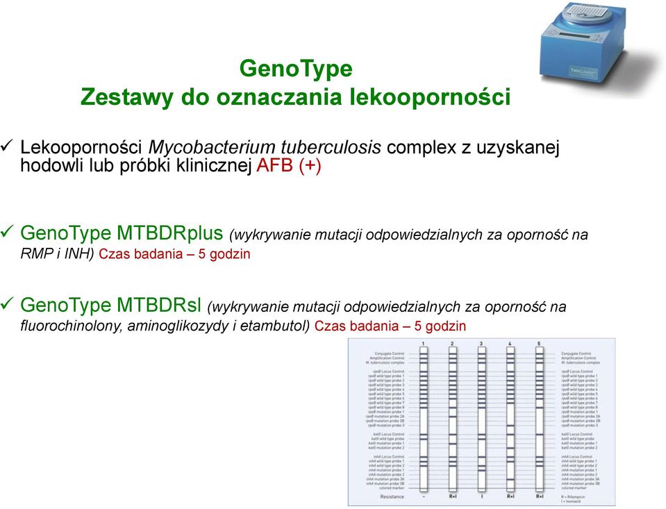 odpowiedzialnych za oporność na RMP i INH) Czas badania 5 godzin GenoType MTBDRsl (wykrywanie