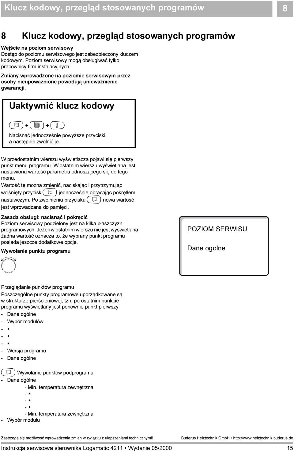 Uaktywnić klucz kodowy N + C + G Nacisnąć jednocześnie powyższe przyciski, a następnie zwolnić je. W przedostatnim wierszu wyświetlacza pojawi się pierwszy punkt menu programu.