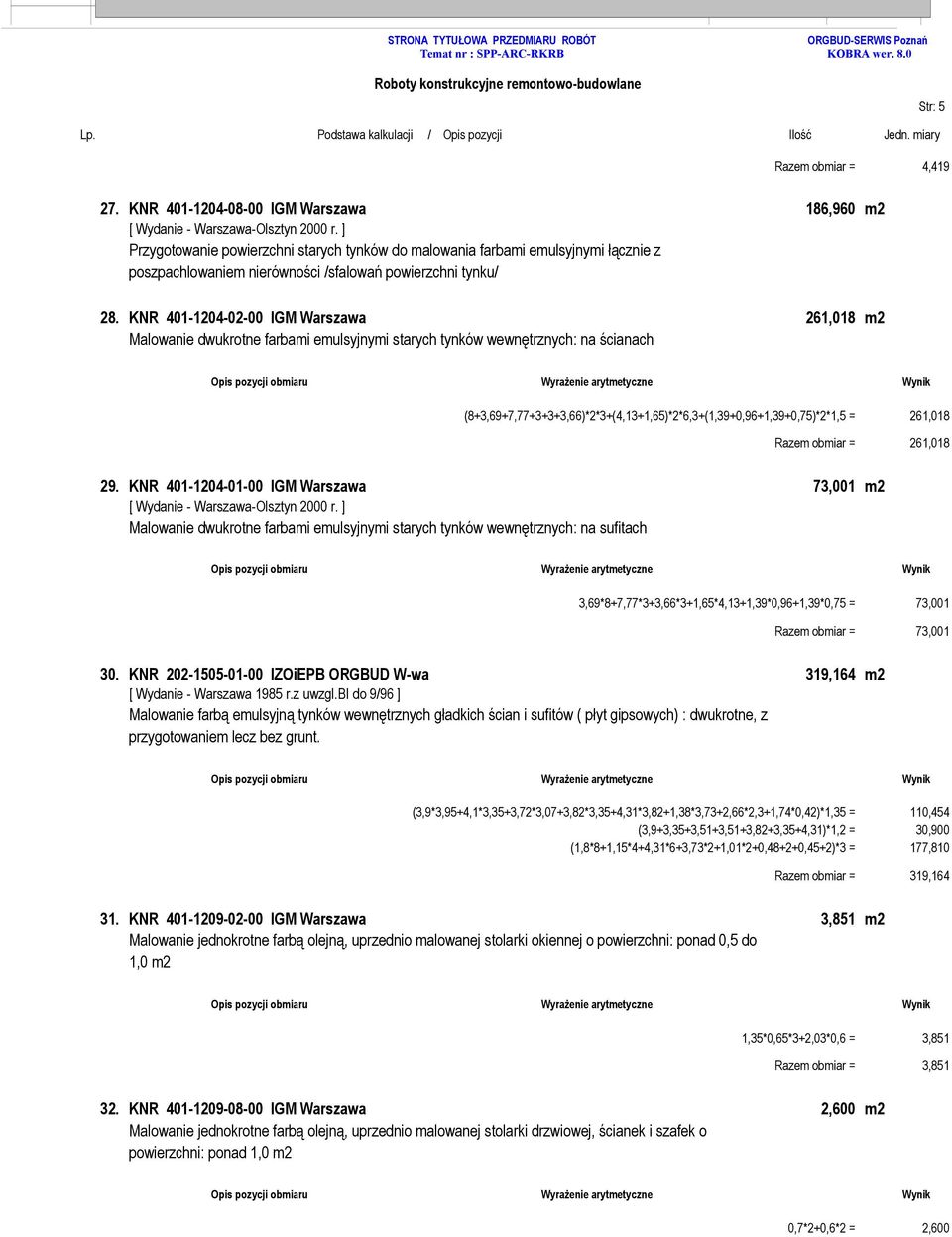 KNR 401-1204-02-00 IGM Warszawa 261,018 m2 Malowanie dwukrotne farbami emulsyjnymi starych tynków wewnętrznych: na ścianach (8+3,69+7,77+3+3+3,66)*2*3+(4,13+1,65)*2*6,3+(1,39+0,96+1,39+0,75)*2*1,5 =