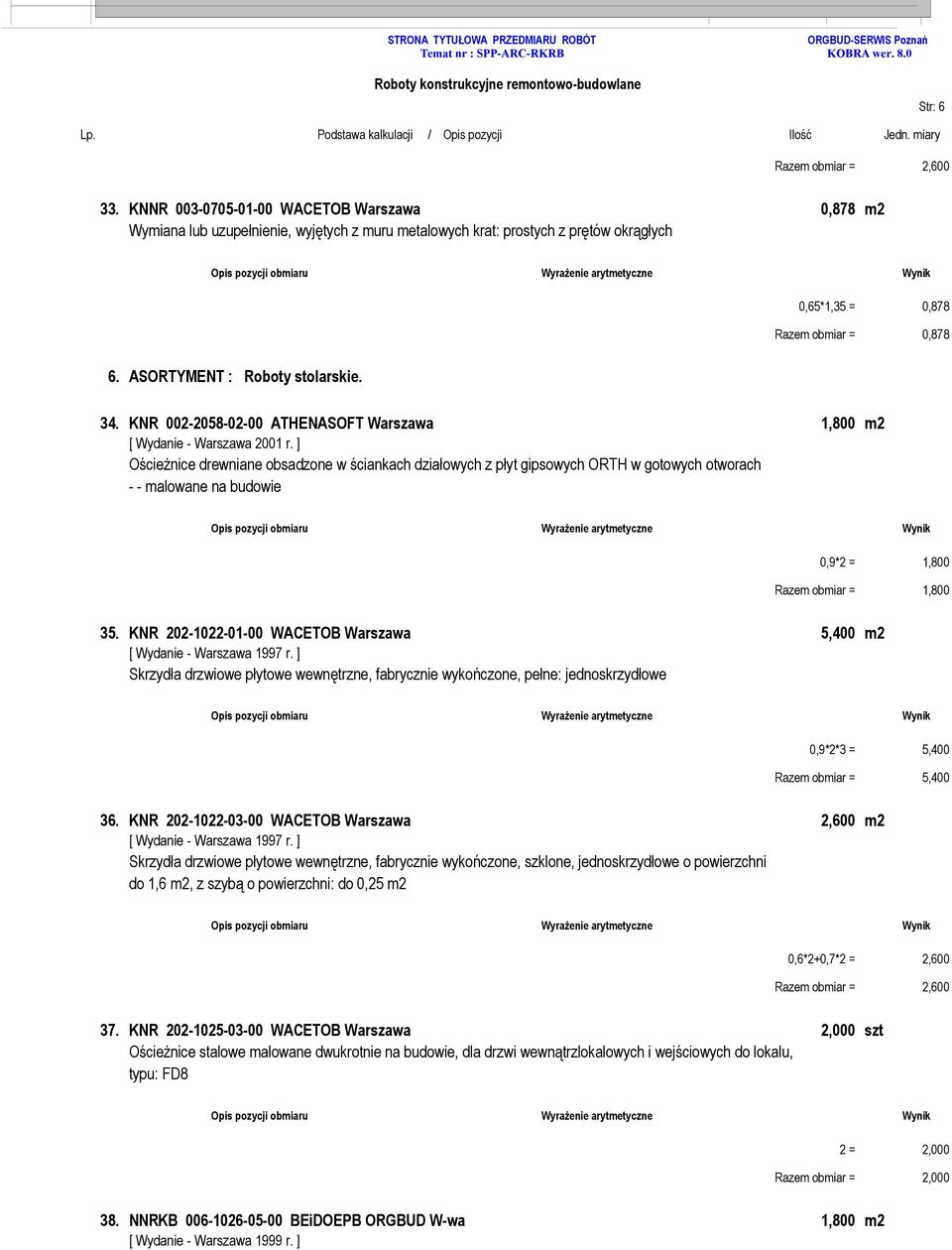 ASORTYMENT : Roboty stolarskie. 34. KNR 002-2058-02-00 ATHENASOFT Warszawa 1,800 m2 [ Wydanie - Warszawa 2001 r.