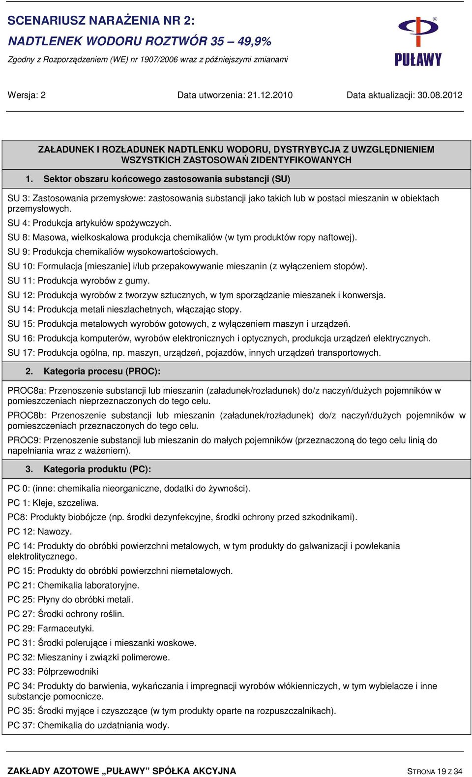 SU 4: Produkcja artykułów spożywczych. SU 8: Masowa, wielkoskalowa produkcja chemikaliów (w tym produktów ropy naftowej). SU 9: Produkcja chemikaliów wysokowartościowych.