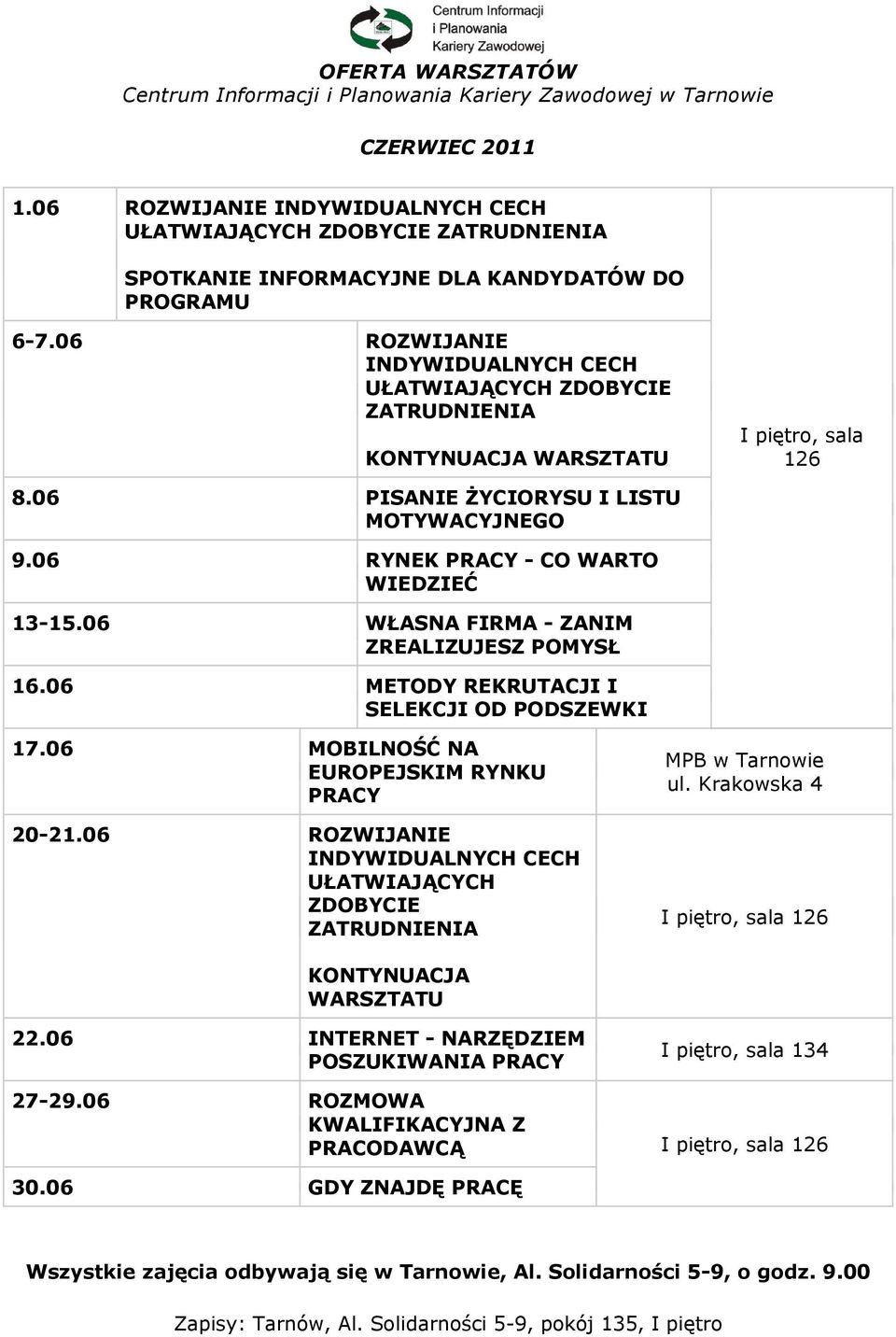 06 ROZWIJANIE INDYWIDUALNYCH CECH UŁATWIAJĄCYCH ZDOBYCIE ZATRUDNIENIA KONTYNUACJA WARSZTATU I piętro, sala 126 8.06 PISANIE ŻYCIORYSU I LISTU MOTYWACYJNEGO 9.06 RYNEK PRACY - CO WARTO WIEDZIEĆ 13-15.