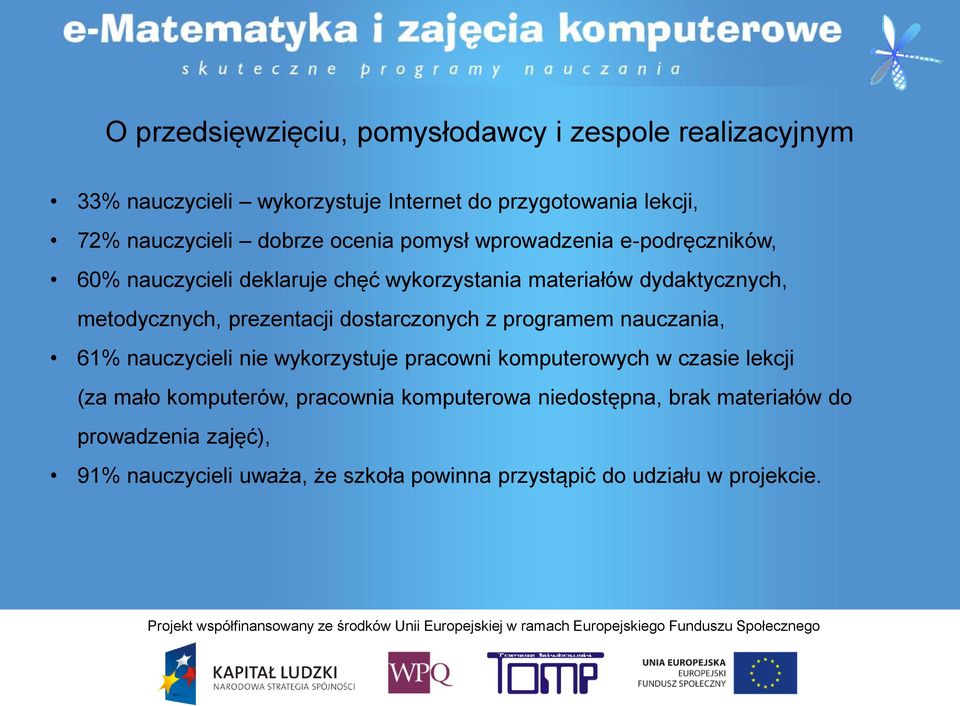 prezentacji dostarczonych z programem nauczania, 61% nauczycieli nie wykorzystuje pracowni komputerowych w czasie lekcji (za mało