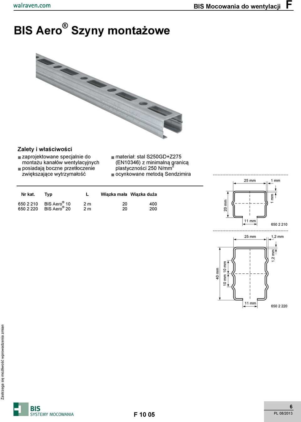 plastyczności 250 N/mm 2 ocynkowane metodą Sendzimira 25 mm 1 mm Nr kat.