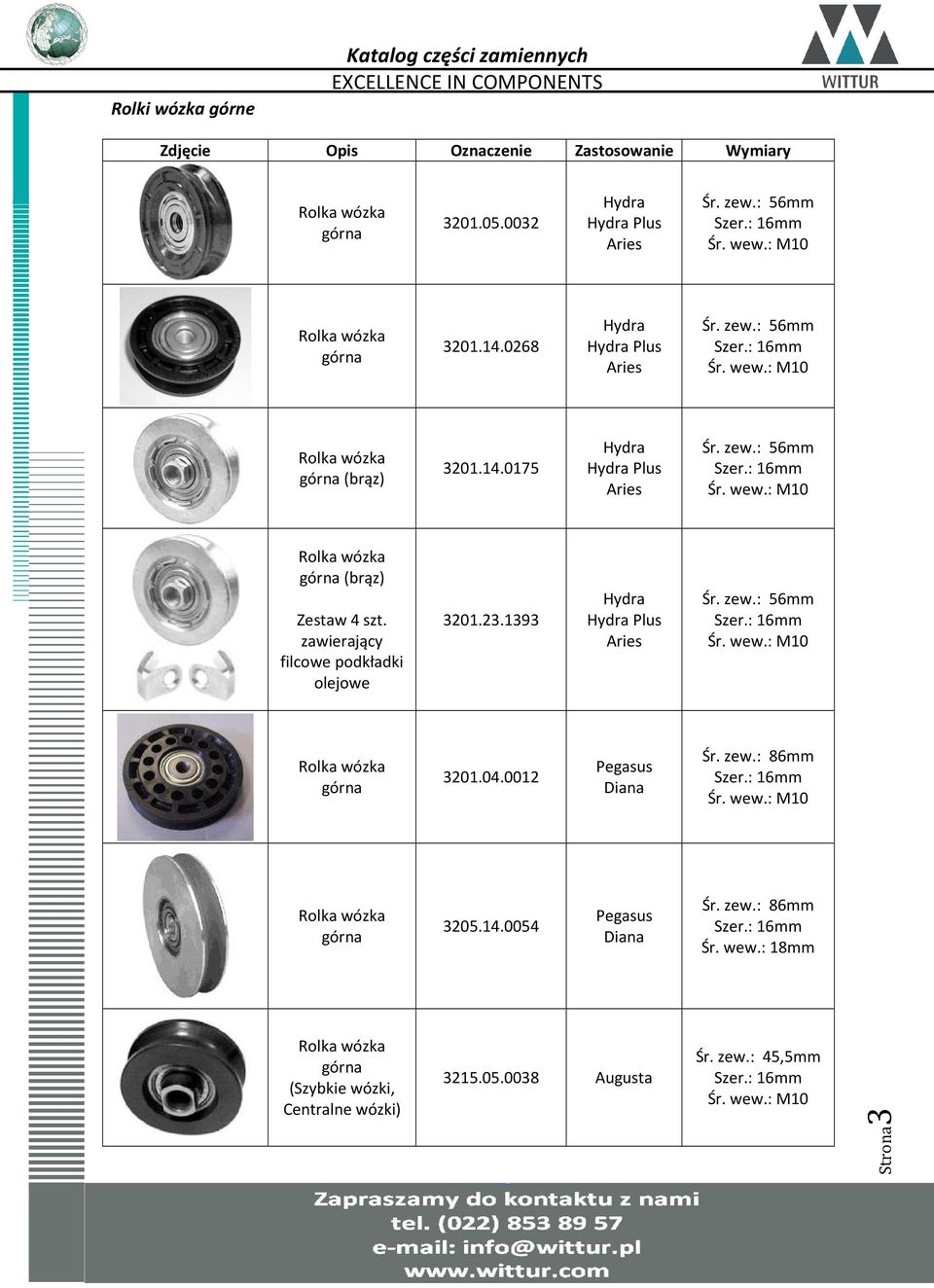 zawierający filcowe podkładki olejowe 3201.23.1393 Plus Aries Śr. zew.: 56mm Szer.: 16mm Śr. wew.: M10 Rolka wózka górna 3201.04.0012 Diana Śr. zew.: 86mm Szer.: 16mm Śr. wew.: M10 Rolka wózka górna 3205.