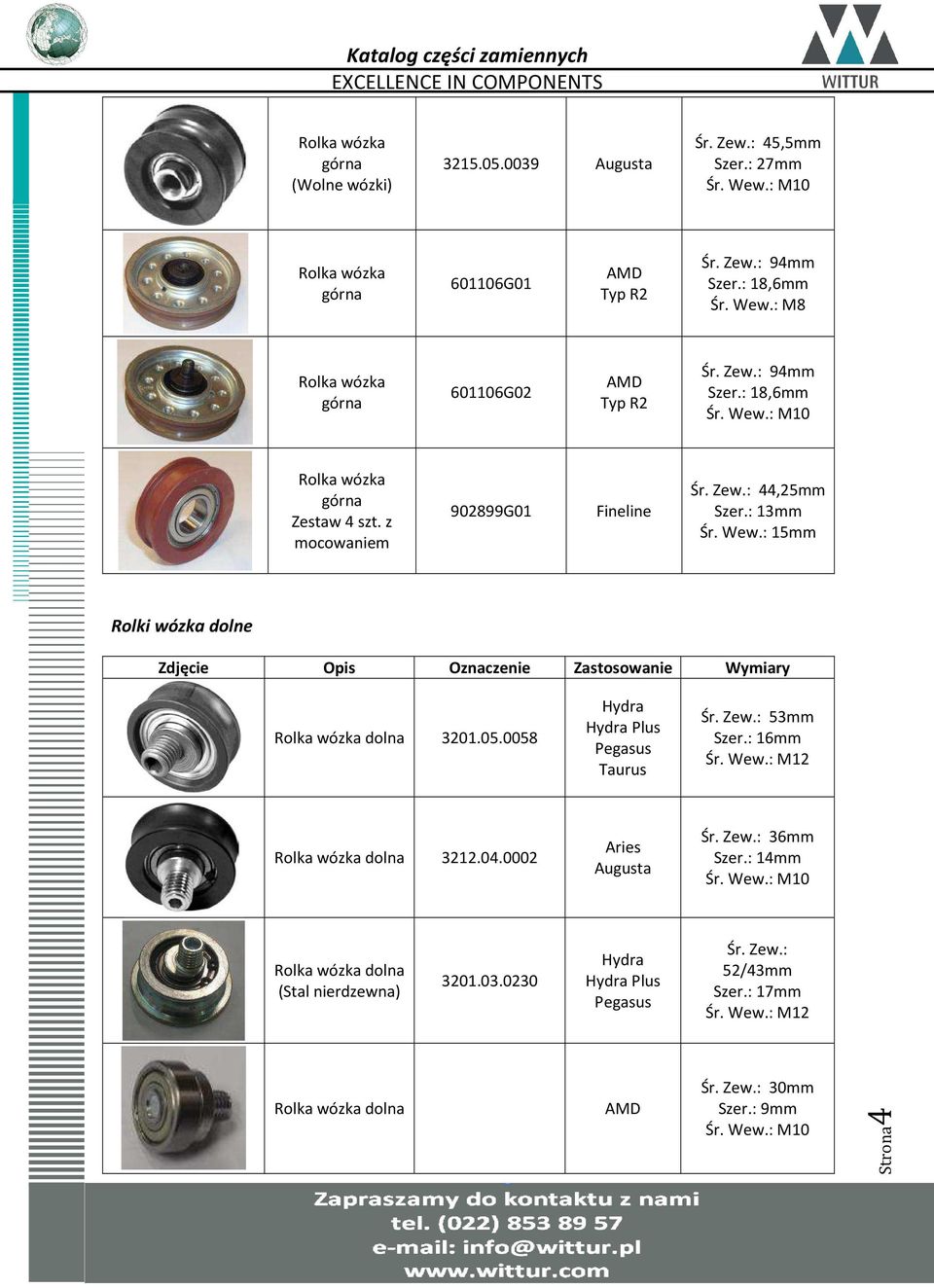 05.0058 Plus Taurus Śr. Zew.: 53mm Szer.: 16mm Śr. Wew.: M12 Rolka wózka dolna 3212.04.0002 Aries Augusta Śr. Zew.: 36mm Szer.: 14mm Śr. Wew.: M10 Rolka wózka dolna (Stal nierdzewna) 3201.03.