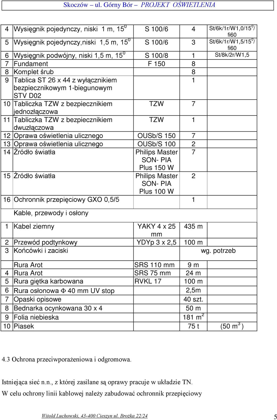 Tabliczka TZW z bezpiecznikiem TZW 1 dwuzłączowa 12 Oprawa oświetlenia ulicznego OUSb/S 150 7 13 Oprawa oświetlenia ulicznego OUSb/S 100 2 14 Źródło światła Philips Master 7 SON- PIA Plus 150 W 15
