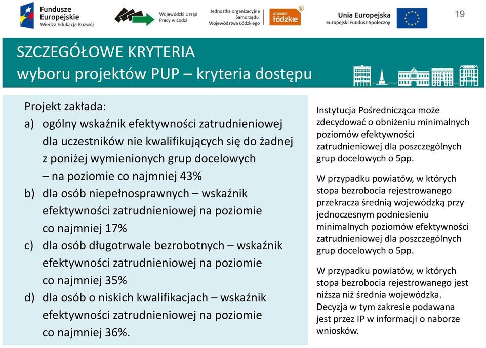 zatrudnieniowej na poziomie co najmniej 35% d) dla osób o niskich kwalifikacjach wskaźnik efektywności zatrudnieniowej na poziomie co najmniej 36%.