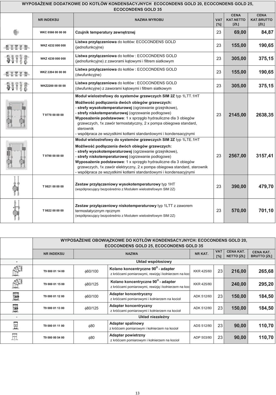 do kotów : ECOCONDENS GOLD (jednofunkcyjne) z zaworami ktowymi i filtrem siatkowym 305,00 375,15 WKZ 2204 00 00 00 Listwa przyczeniowa do kotów : ECOCONDENS GOLD (dwufunkcyjne) 155,00 190,65 WKZ2200