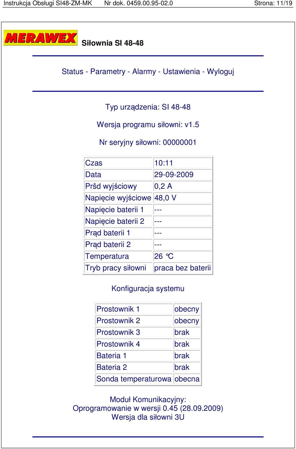 5 Nr seryjny siłowni: 00000001 Czas 10:11 Data 29-09-2009 Pršd wyjściowy 0,2 A Napięcie wyjściowe 48,0 V Napięcie baterii 1 --- Napięcie baterii 2 --- Prąd baterii 1