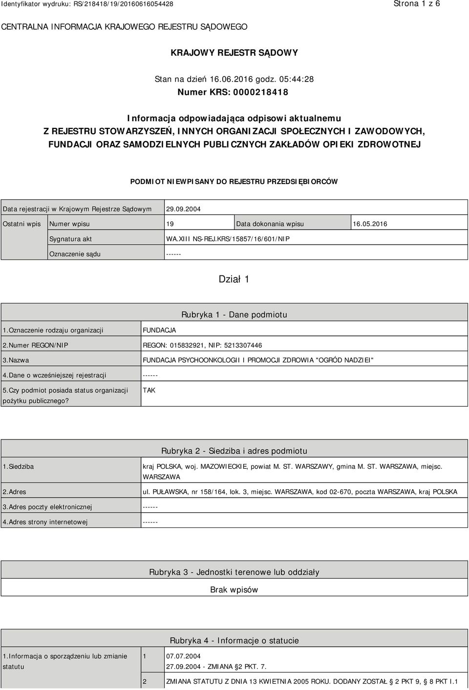 OPIEKI ZDROWOTNEJ PODMIOT NIEWPISANY DO REJESTRU PRZEDSIĘBIORCÓW Data rejestracji w Krajowym Rejestrze Sądowym 29.09.2004 Ostatni wpis Numer wpisu 19 Data dokonania wpisu 16.05.2016 Sygnatura akt WA.