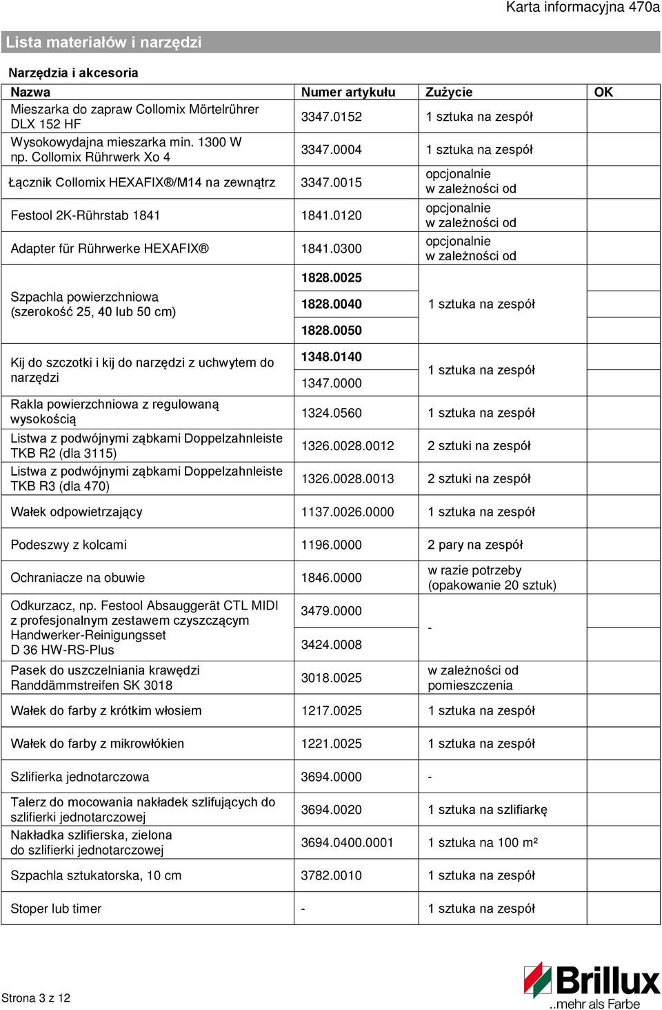 0120 opcjonalnie i l ik w zależności od Adapter für Rührwerke HEXAFIX 1841.0300 opcjonalnie w zależności od Szpachla powierzchniowa (szerokość 25, 40 lub 50 cm) 1828.0025 1828.0040 1828.