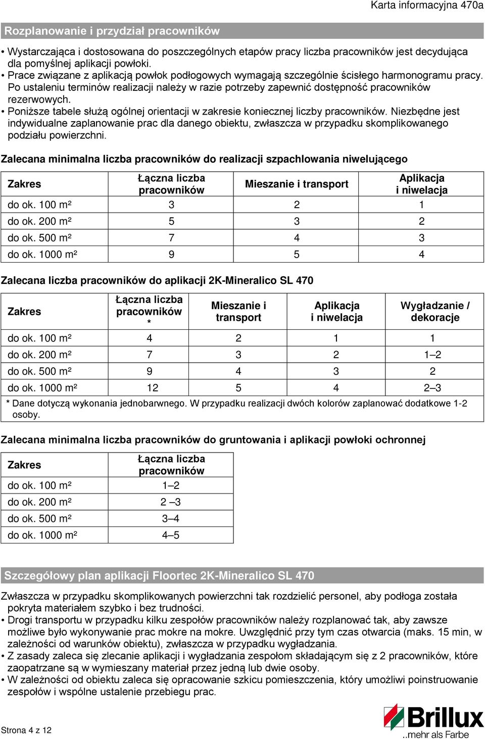 Poniższe tabele służą ogólnej orientacji w zakresie koniecznej liczby pracowników.