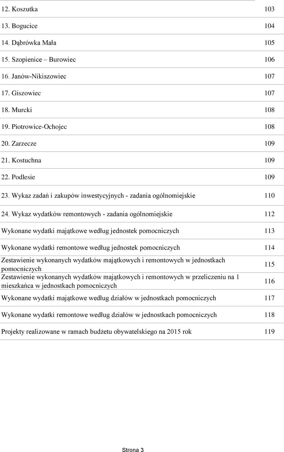 Wykaz wydatków remontowych - zadania ogólnomiejskie 112 Wykonane wydatki majątkowe według jednostek pomocniczych 113 Wykonane wydatki remontowe według jednostek pomocniczych 114 Zestawienie