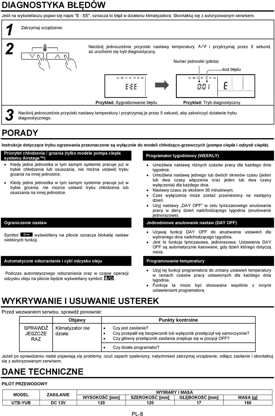 Numer jednostki (pilota) kod błędu 3 Przykład: Sygnalizowanie błędu Przykład: Tryb diagnostyczny Naciśnij jednocześnie przyciski nastawy temperatury i przytrzymaj je przez 5 sekund, aby zakończyć