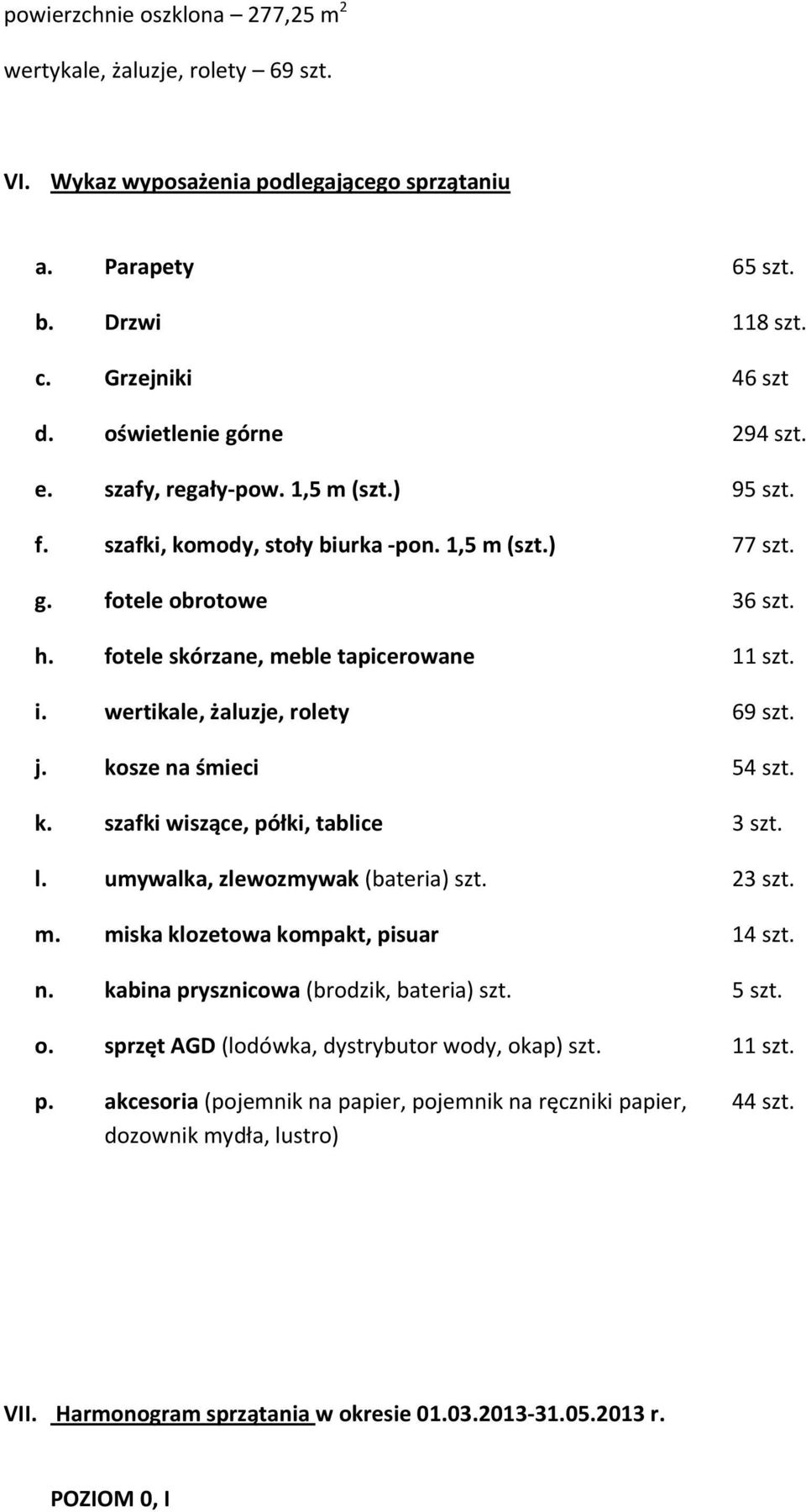 fotele skórzane, meble tapicerowane 11 szt. i. wertikale, żaluzje, rolety 69 szt. j. kosze na śmieci 54 szt. k. szafki wiszące, półki, tablice 3 szt. l. umywalka, zlewozmywak (bateria) szt. 23 szt. m. miska klozetowa kompakt, pisuar 14 szt.