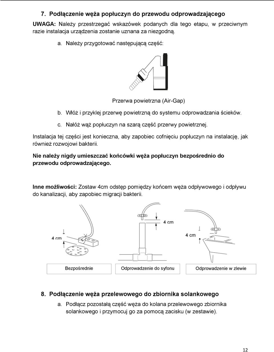Instalacja tej części jest konieczna, aby zapobiec cofnięciu popłuczyn na instalację, jak również rozwojowi bakterii.