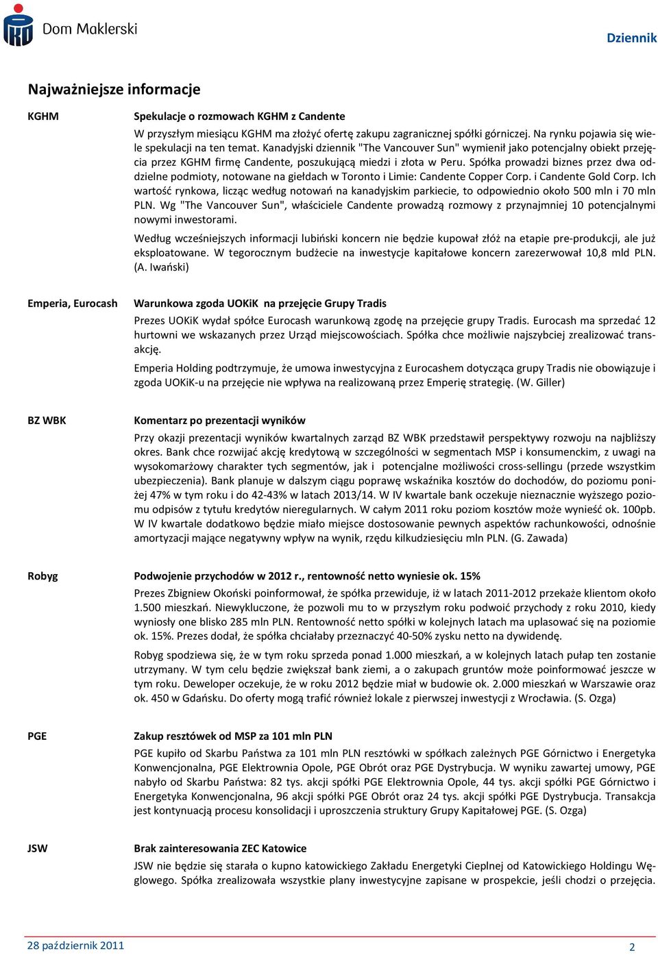 Spółka prowadzi biznes przez dwa oddziene podmioty, notowane na giełdach w Toronto i Limie: Candente Copper Corp. i Candente God Corp.